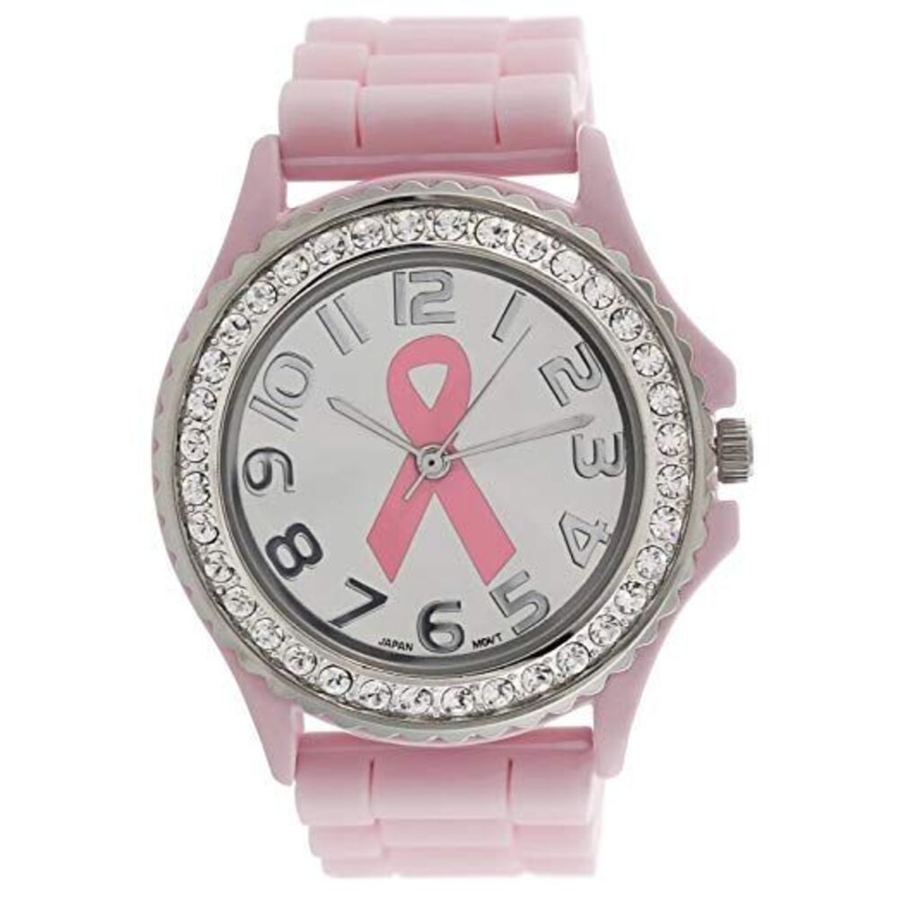 Geneva Ladies Crystal Rhinestone Breast Cancer Awareness Watch in Pink - Picture 1 of 3